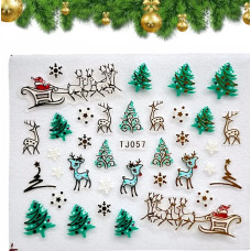 3D наклейки для нігтів №057 — Санта на санках, олені та ялинки