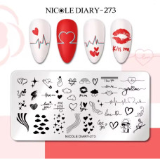 Пластина для стемпінгу NICOLE DIARY-273 (сердечка, кардіограма, поцілунок, написи, кохання)