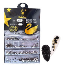 Набір чорних стразів №5 для нігтів — глянцевий мікс розмірів